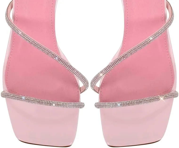 sexytag Women's Sparkly Heels Rhinestone Square Open Toe Ankle Strap Stiletto Heel Sandals