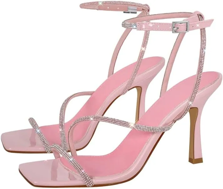 sexytag Women's Sparkly Heels Rhinestone Square Open Toe Ankle Strap Stiletto Heel Sandals
