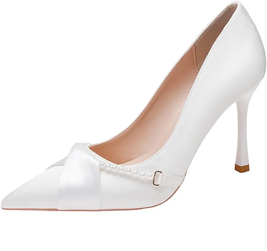 Sharp Head Fine Heel Satin Pearl Buckle Decoration Buckle Hundred Matching Commuter 9cm/3.54in High Heels Female