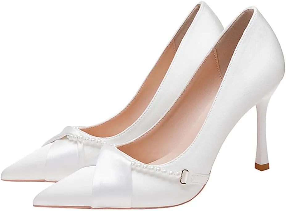 Sharp Head Fine Heel Satin Pearl Buckle Decoration Buckle Hundred Matching Commuter 9cm/3.54in High Heels Female