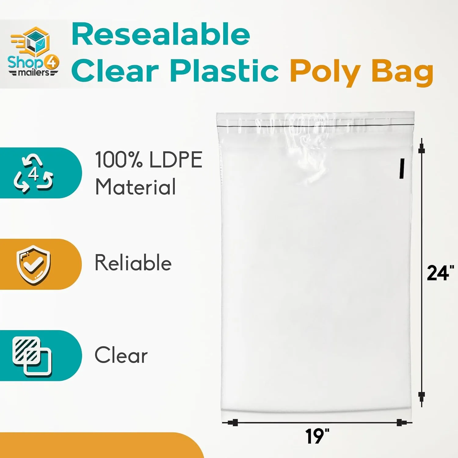 Shop4Mailers 19 x 24 Clear Plastic Poly Bags 1.5 Mil Self Seal Packaging for Apparel, Jewelry, Documents, Prints, Gifts, Storage – Resealable (50 Pack)