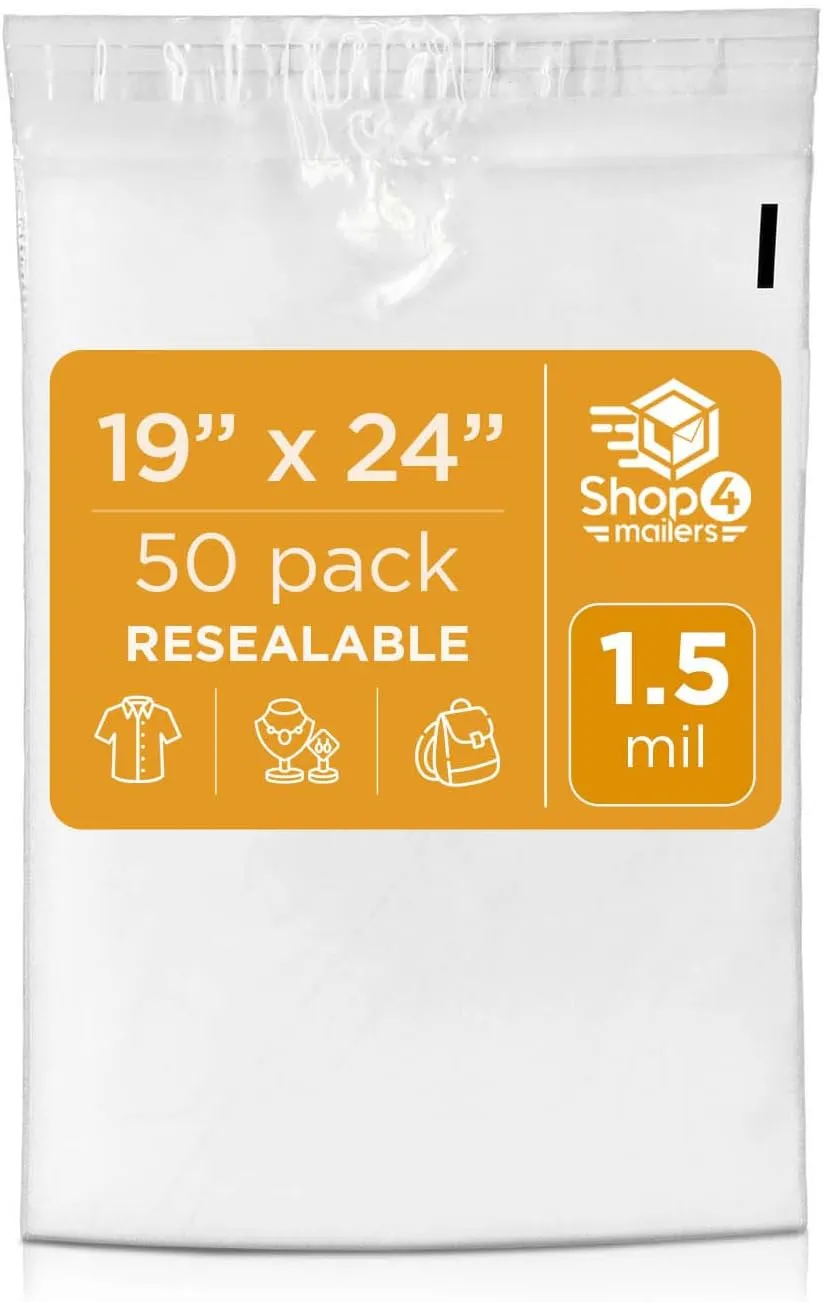 Shop4Mailers 19 x 24 Clear Plastic Poly Bags 1.5 Mil Self Seal Packaging for Apparel, Jewelry, Documents, Prints, Gifts, Storage – Resealable (50 Pack)