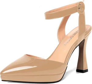 SHOWFOREST Womens Ankle Strap Sexy Pointed Toe Patent Buckle Evening Spool High Heel Pumps Shoes 4 Inch