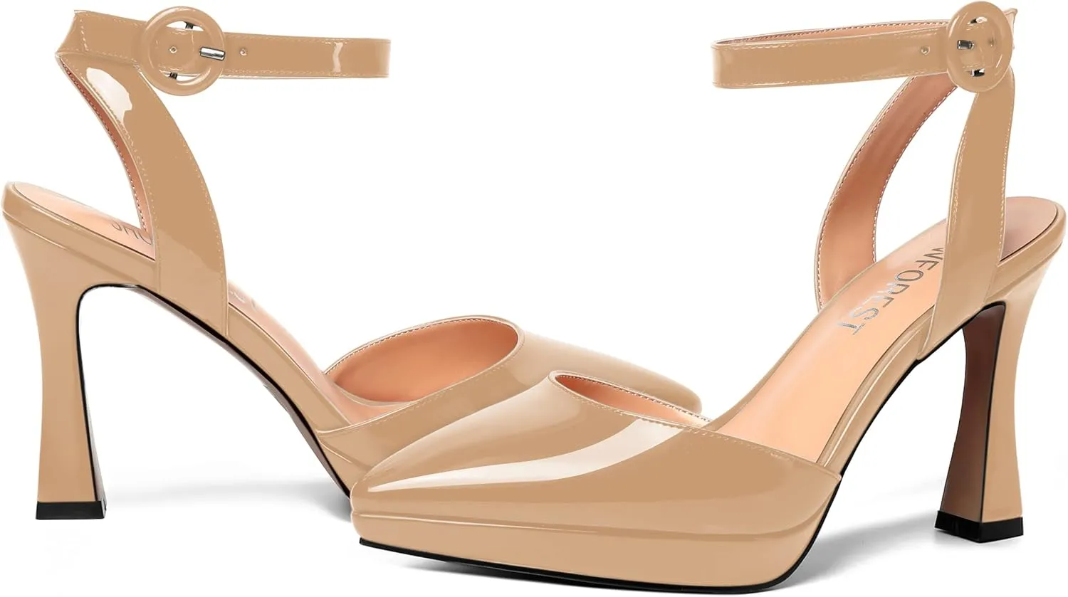 SHOWFOREST Womens Ankle Strap Sexy Pointed Toe Patent Buckle Evening Spool High Heel Pumps Shoes 4 Inch