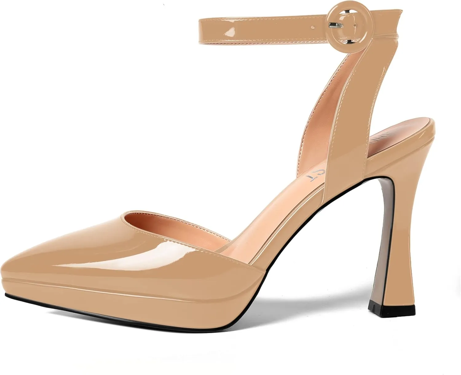 SHOWFOREST Womens Ankle Strap Sexy Pointed Toe Patent Buckle Evening Spool High Heel Pumps Shoes 4 Inch