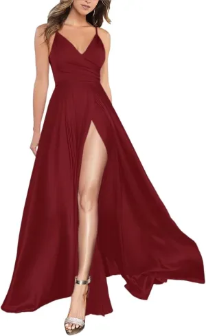 Side Split Women's Bridesmaid Dresses Floor Length Empire Waist Formal Prom Dresses Evening Gowns with Pockets