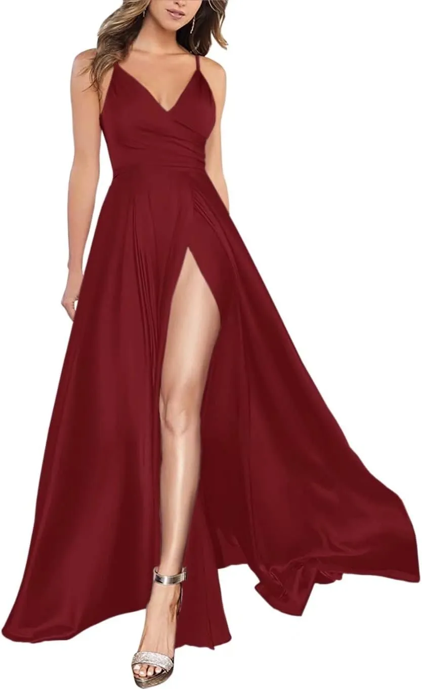 Side Split Women's Bridesmaid Dresses Floor Length Empire Waist Formal Prom Dresses Evening Gowns with Pockets