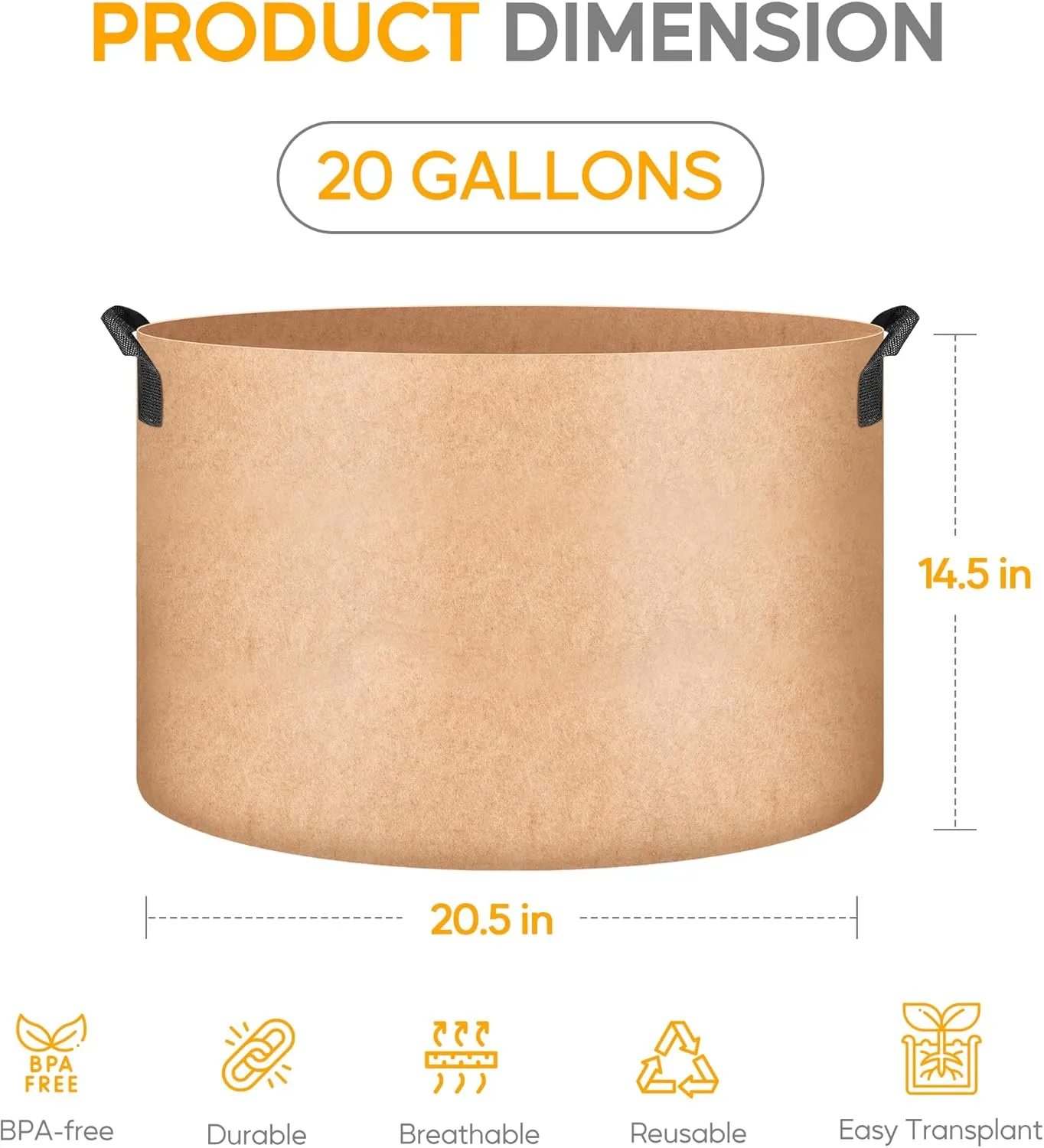 Simple Deluxe 5 Pack 20 Gallon Grow Bags, 300G Vegetable/Flower/Plant Fabric Pots with Handles, Heavy Duty Thickened Nonwoven Planting Bag with 5 Pcs Plant Labels