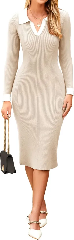 Simplee Womens Long Sleeve Sweater Midi Dress V Neck Casual Slim Fit Bodycon Knit Ribbed Slit Long Dress for Fall Winter