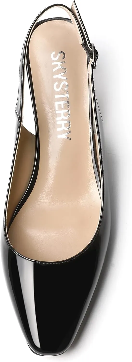 SKYSTERRY Women's Dress Evening Slingback Kitten Square Toe Office Patent Spool Low Heel Pumps Shoes 2 Inch
