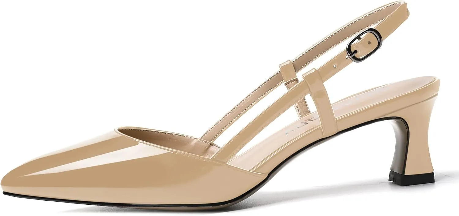 SKYSTERRY Women's Patent Pointed Toe Cutout Slingback Spool Low Heel Pumps Wedding Evening Dress Shoes 2 Inch