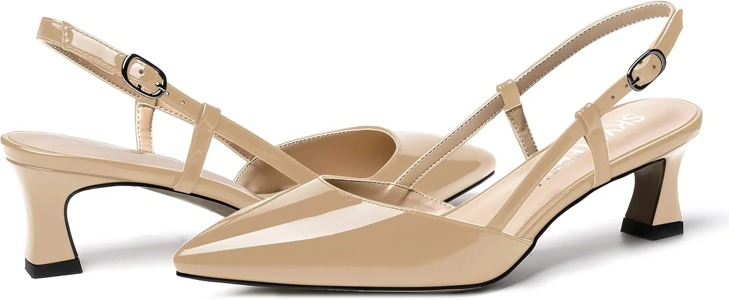 SKYSTERRY Women's Patent Pointed Toe Cutout Slingback Spool Low Heel Pumps Wedding Evening Dress Shoes 2 Inch