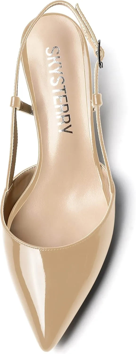 SKYSTERRY Women's Patent Pointed Toe Cutout Slingback Spool Low Heel Pumps Wedding Evening Dress Shoes 2 Inch