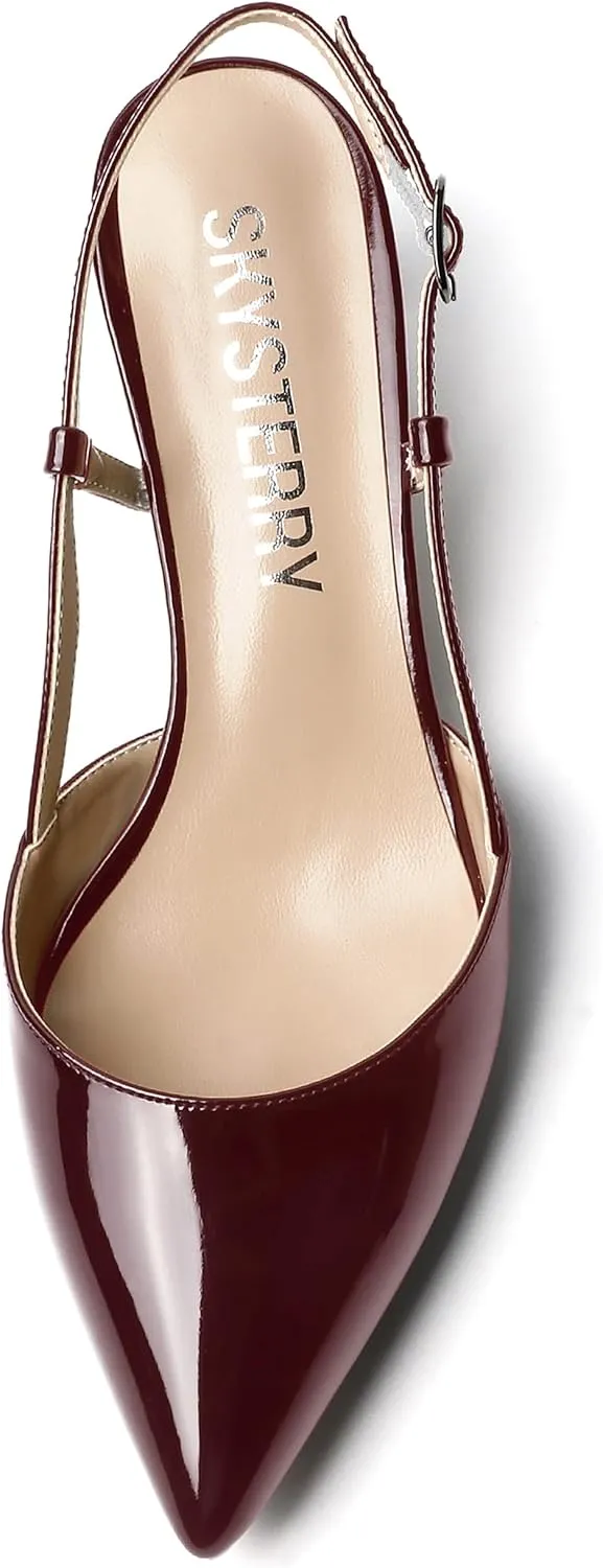 SKYSTERRY Women's Patent Pointed Toe Cutout Slingback Spool Low Heel Pumps Wedding Evening Dress Shoes 2 Inch