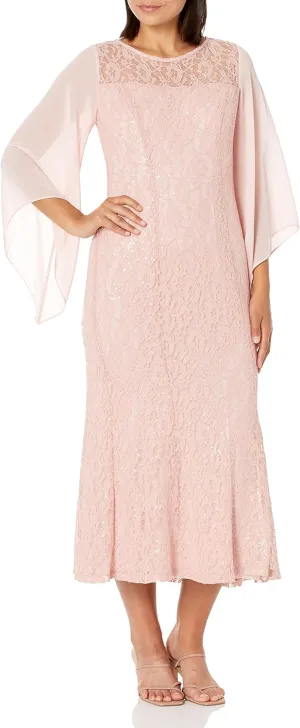 S.L. Fashions Women's Long Sequin Lace Gown with Illusion Flare Sleeves
