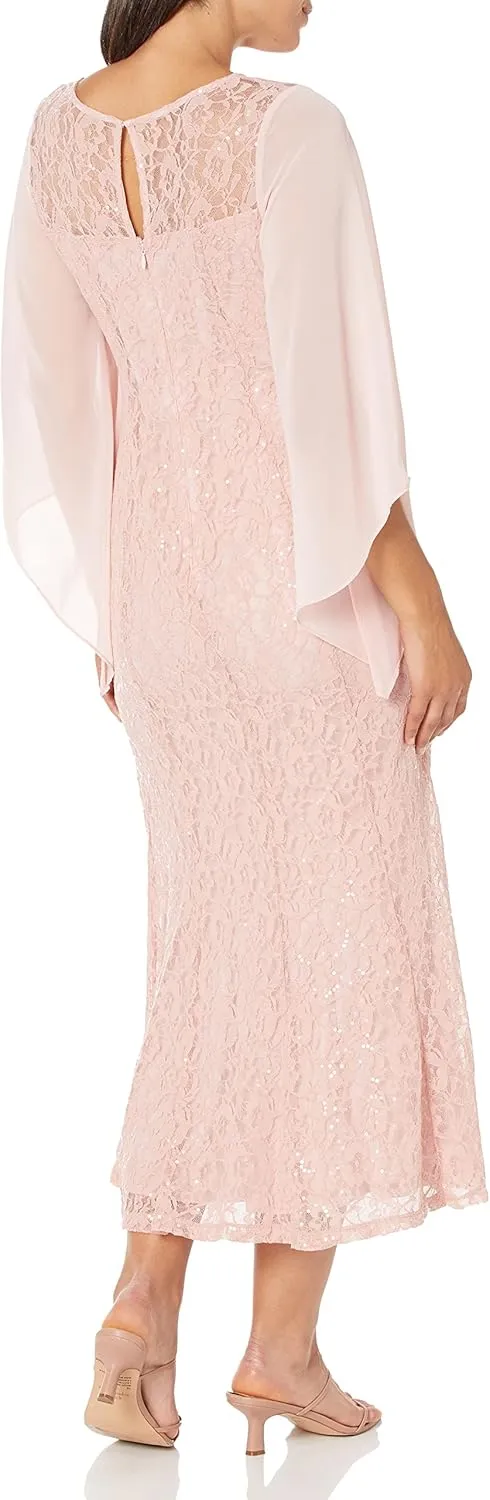 S.L. Fashions Women's Long Sequin Lace Gown with Illusion Flare Sleeves