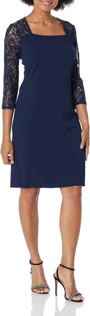 S.L. Fashions Women's Long Sleeve Sheath Night Out Dress Lace and Embellishment