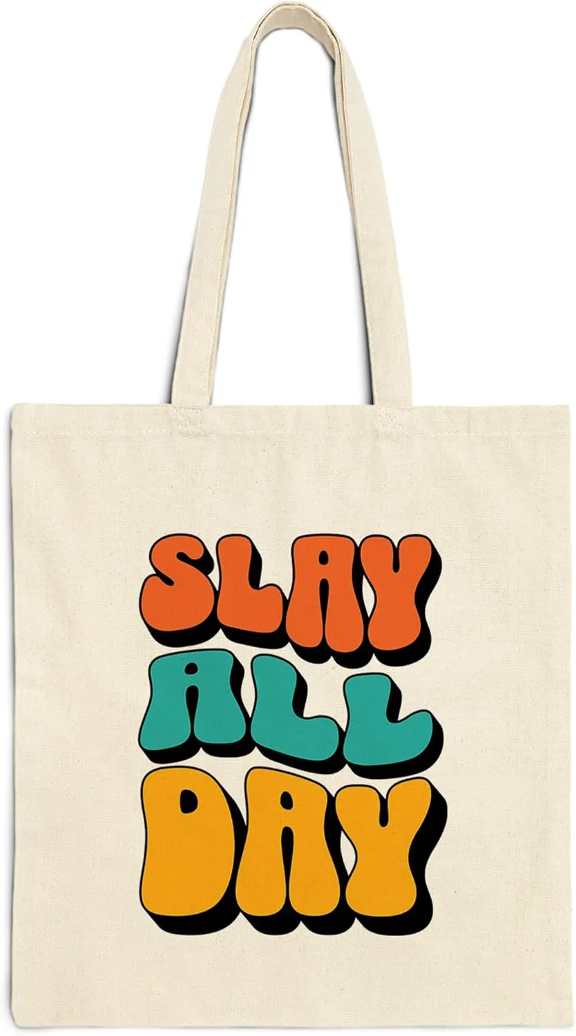 Slay All Day Cotton Tote Bag for Women Men Casual Tote Bag Cloth Canvas Shopping Bags With Handles Cute Bags Everyday Use 15" x 16" Aesthetic Gift ID44997
