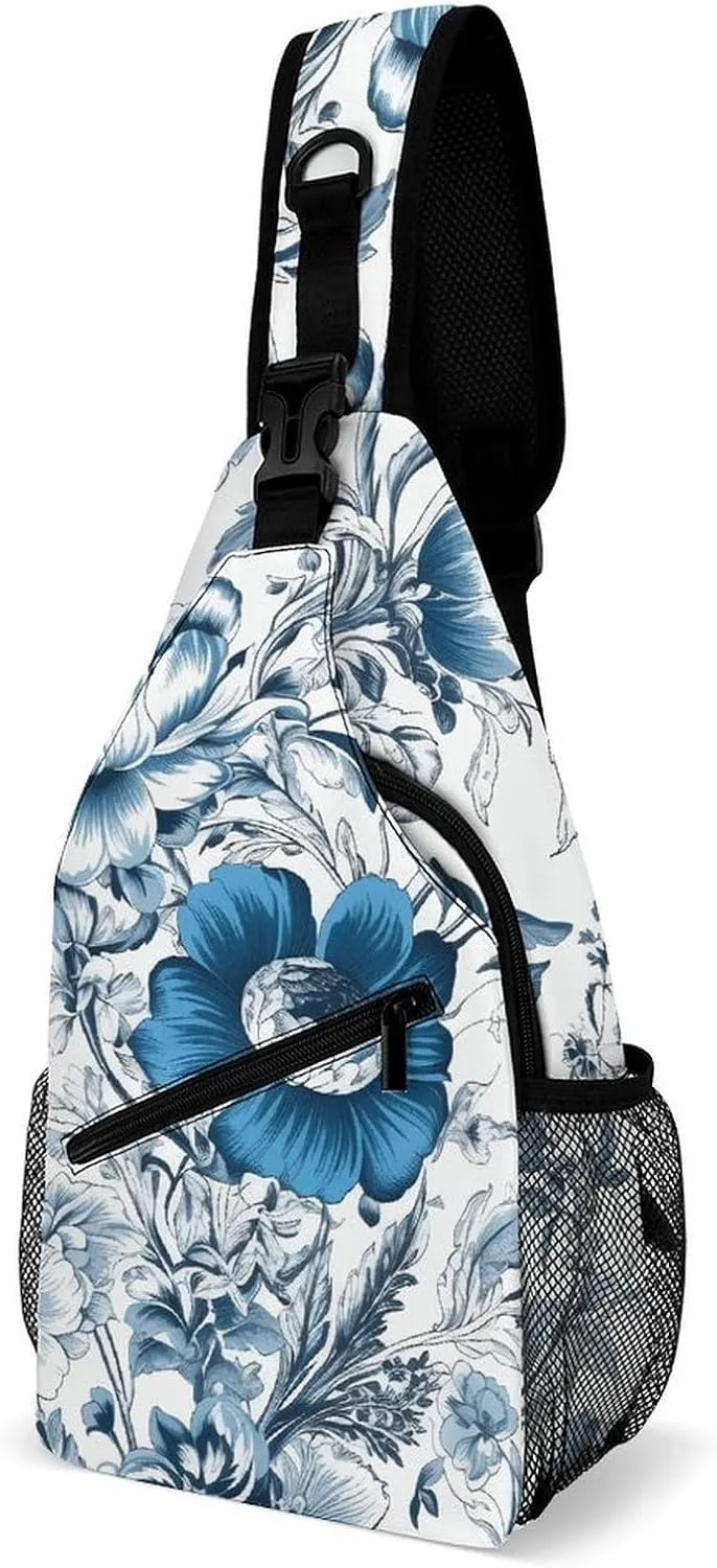 Sling Bags Blue White Floral Pattern Crossbody Bag for Women Men Cross Body Bag for Travel Hiking Shopping