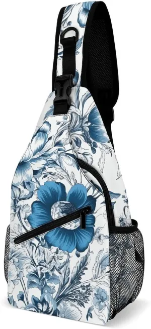 Sling Bags Blue White Floral Pattern Crossbody Bag for Women Men Cross Body Bag for Travel Hiking Shopping
