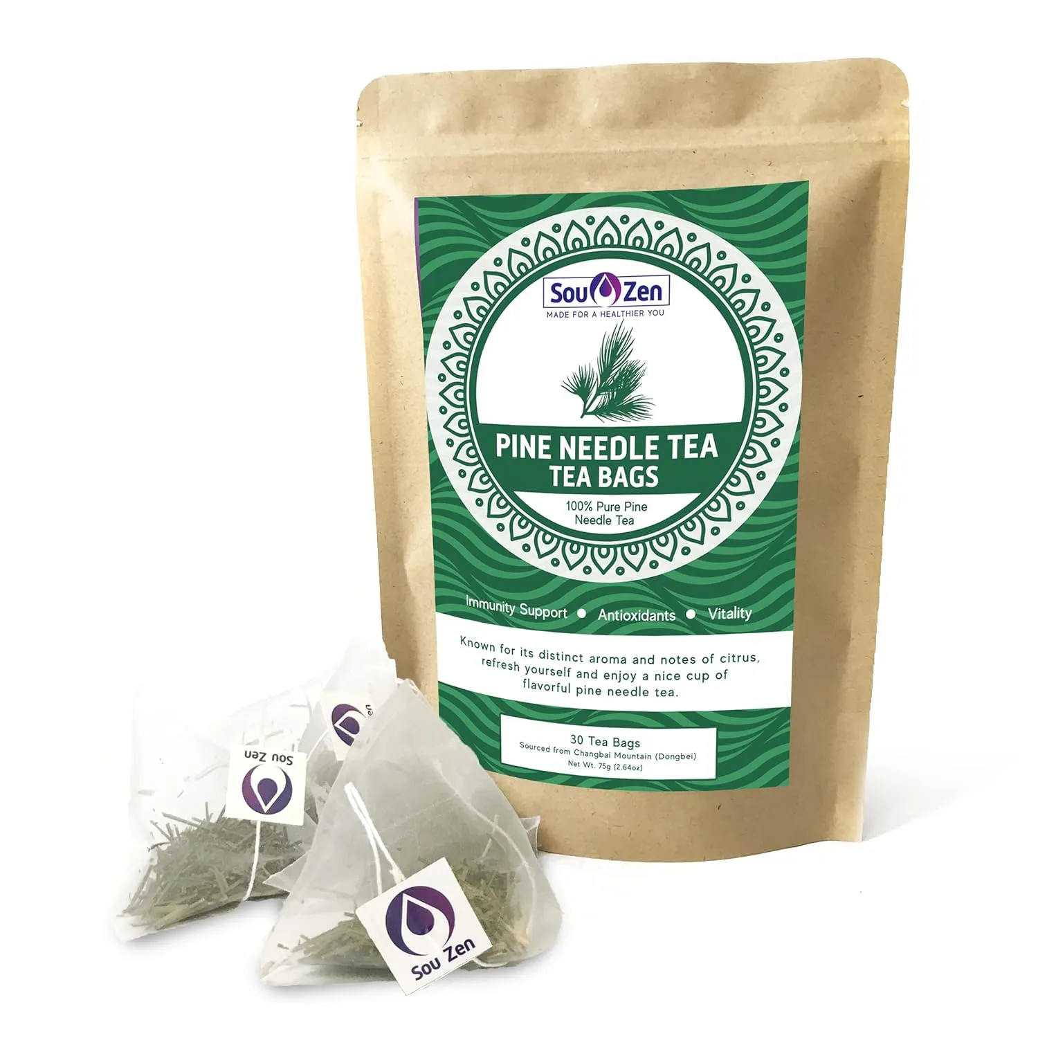 Sou Zen Pine Needle Tea 30 Corn-fiber Pyramid Tea Bags | Premium Quality Wild Pine Tea Leaves | Raw, Non-GMO and Caffeine-Free | Herbal Tea with No Preservatives | Chinese Medicinal Herb from Korean Pine
