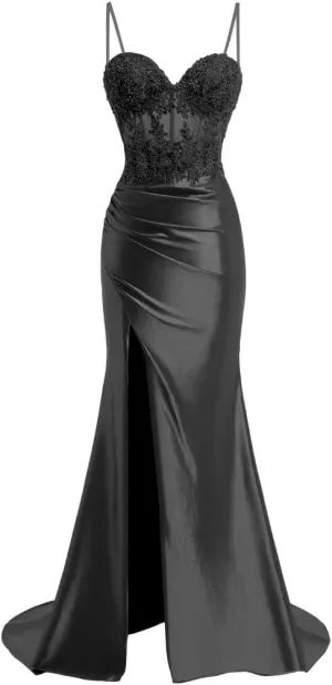 Spaghetti Strap Sweetheart Satin Prom Dresses with Split Lace Appliques Pleated Mermaid Long Evening Gown TM13