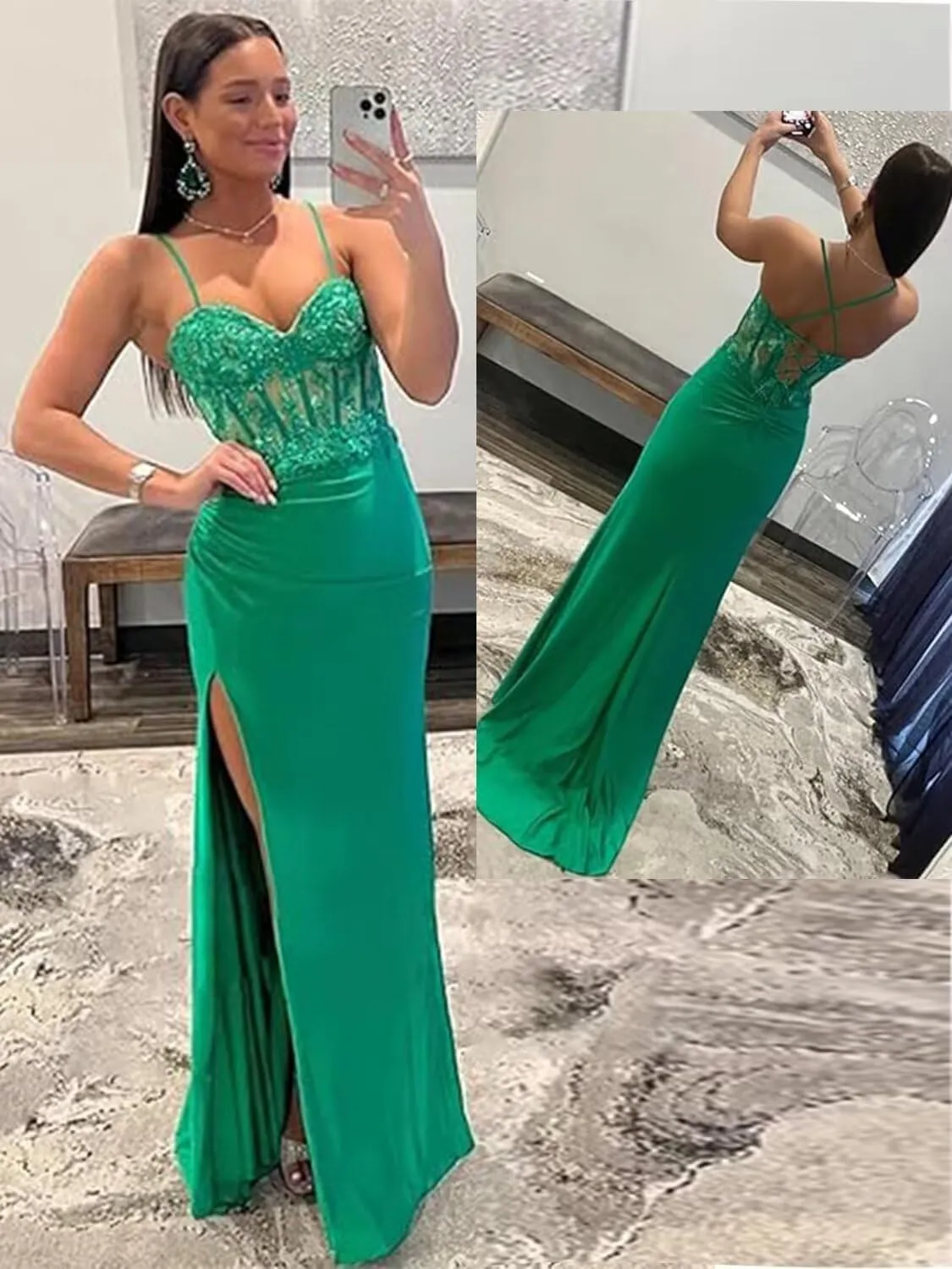 Spaghetti Strap Sweetheart Satin Prom Dresses with Split Lace Appliques Pleated Mermaid Long Evening Gown TM13