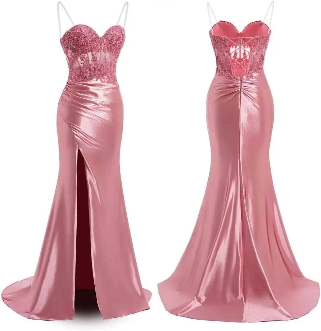 Spaghetti Strap Sweetheart Satin Prom Dresses with Split Lace Appliques Pleated Mermaid Long Evening Gown TM13