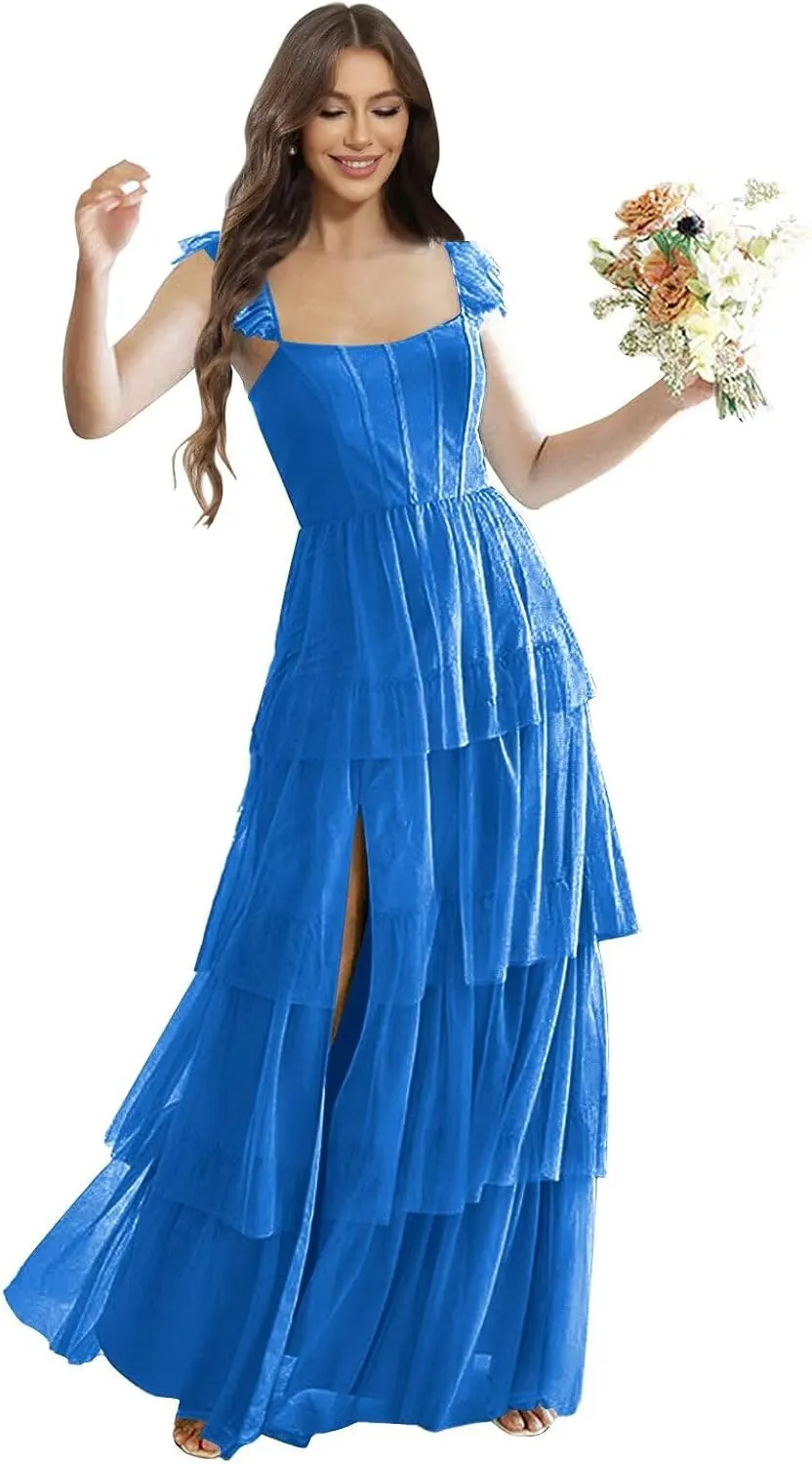 Spaghetti Straps Bridesmaid Dresses Long with Slit A-Line Tulle Ruffles Tiered Skirt Corset Formal Gown
