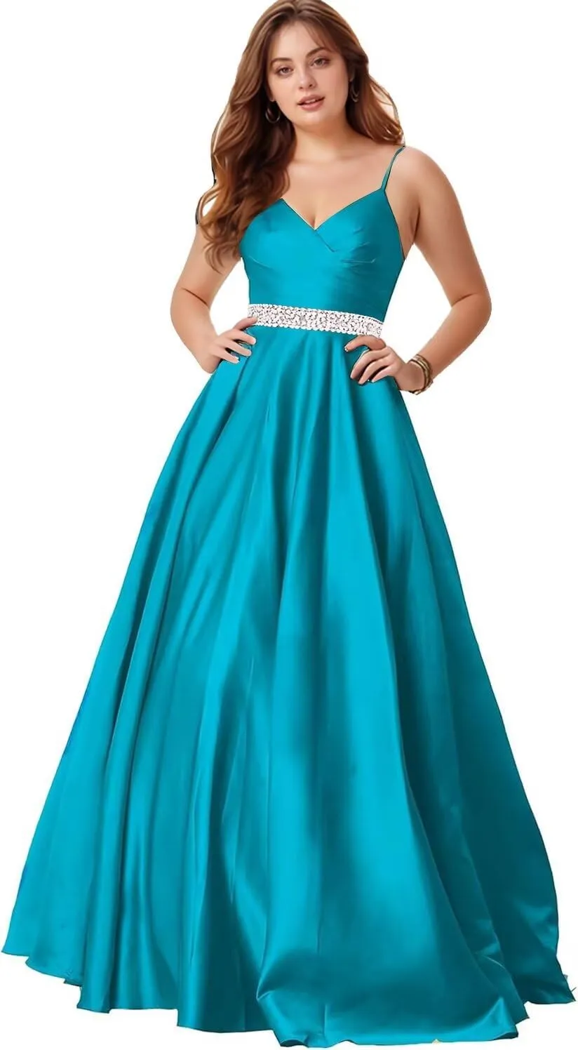 Spaghetti Straps Prom Dress for Women Long Satin Beaded V-Neck Formal Evening Party Ball Gowns with Pockets