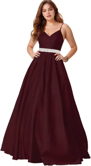 Spaghetti Straps Prom Dress for Women Long Satin Beaded V-Neck Formal Evening Party Ball Gowns with Pockets