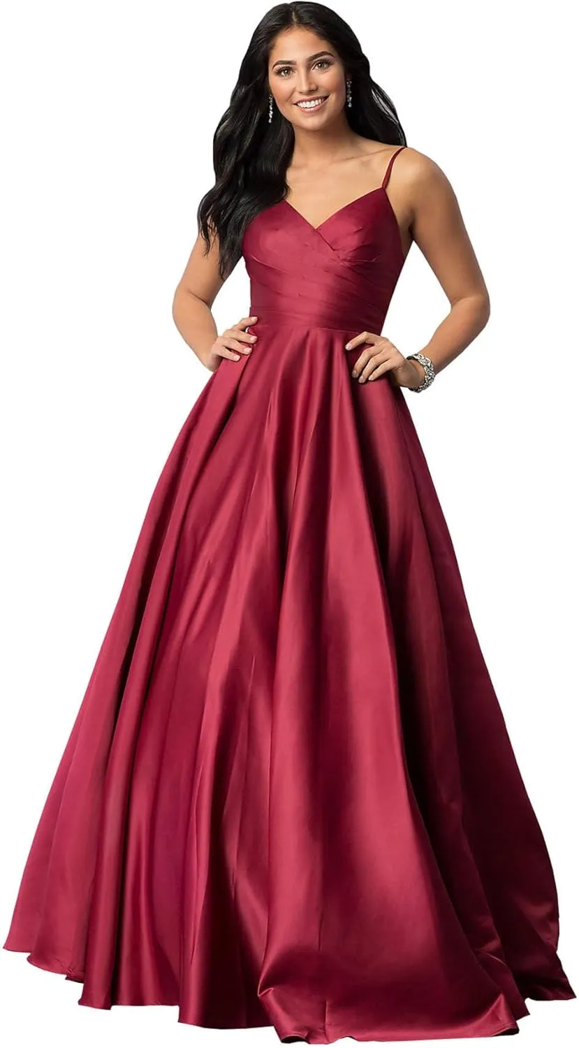 Spaghetti Straps Prom Dresses for Women 2025 Long Satin Ball Gown Pleated Formal Evening Gown with Pockets