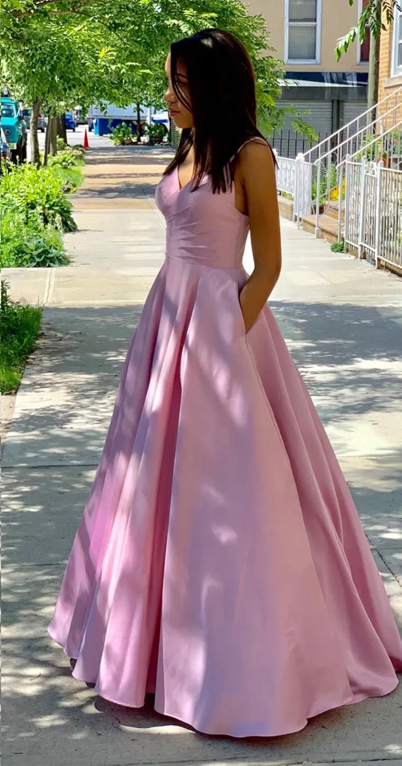 Spaghetti Straps Prom Dresses for Women 2025 Long Satin Ball Gown Pleated Formal Evening Gown with Pockets