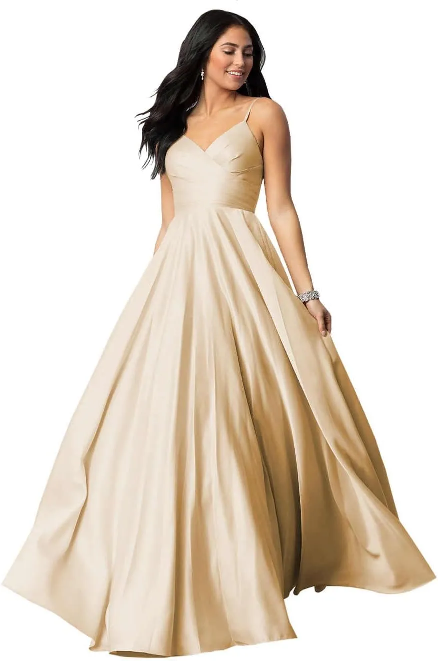 Spaghetti Straps Prom Dresses for Women 2025 Long Satin Ball Gown Pleated Formal Evening Gown with Pockets