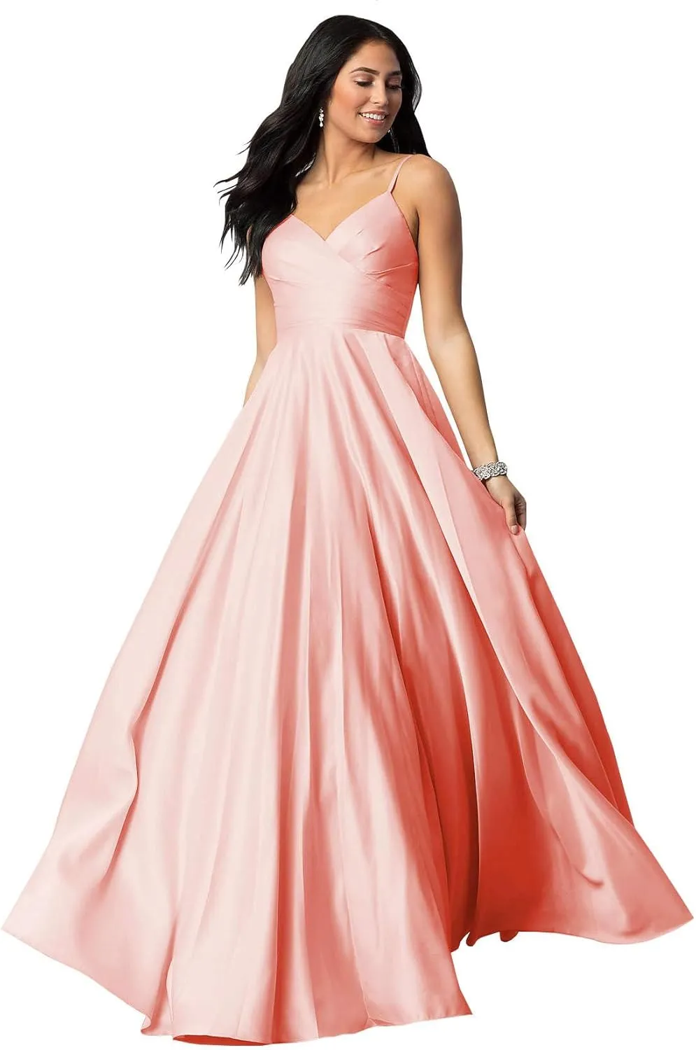 Spaghetti Straps Prom Dresses for Women 2025 Long Satin Ball Gown Pleated Formal Evening Gown with Pockets