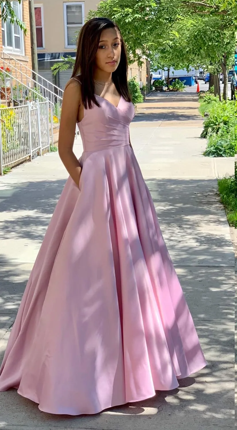 Spaghetti Straps Prom Dresses for Women 2025 Long Satin Ball Gown Pleated Formal Evening Gown with Pockets