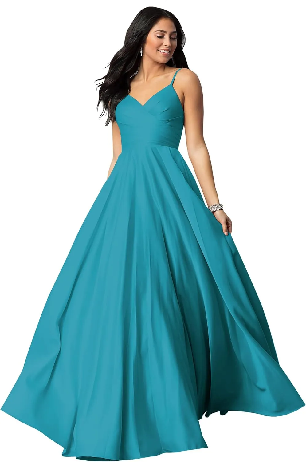 Spaghetti Straps Prom Dresses for Women 2025 Long Satin Ball Gown Pleated Formal Evening Gown with Pockets