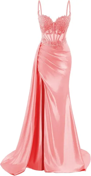 Spaghetti Straps Satin Prom Dresses Long Lace Appliques Formal Party Dress VS126