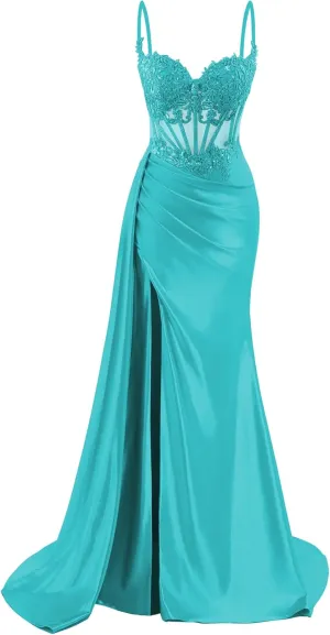 Spaghetti Straps Satin Prom Dresses Long Lace Appliques Formal Party Dress VS126