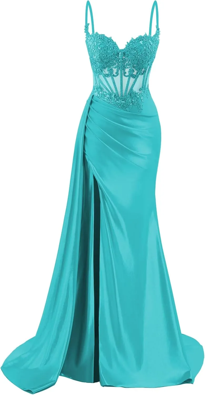 Spaghetti Straps Satin Prom Dresses Long Lace Appliques Formal Party Dress VS126