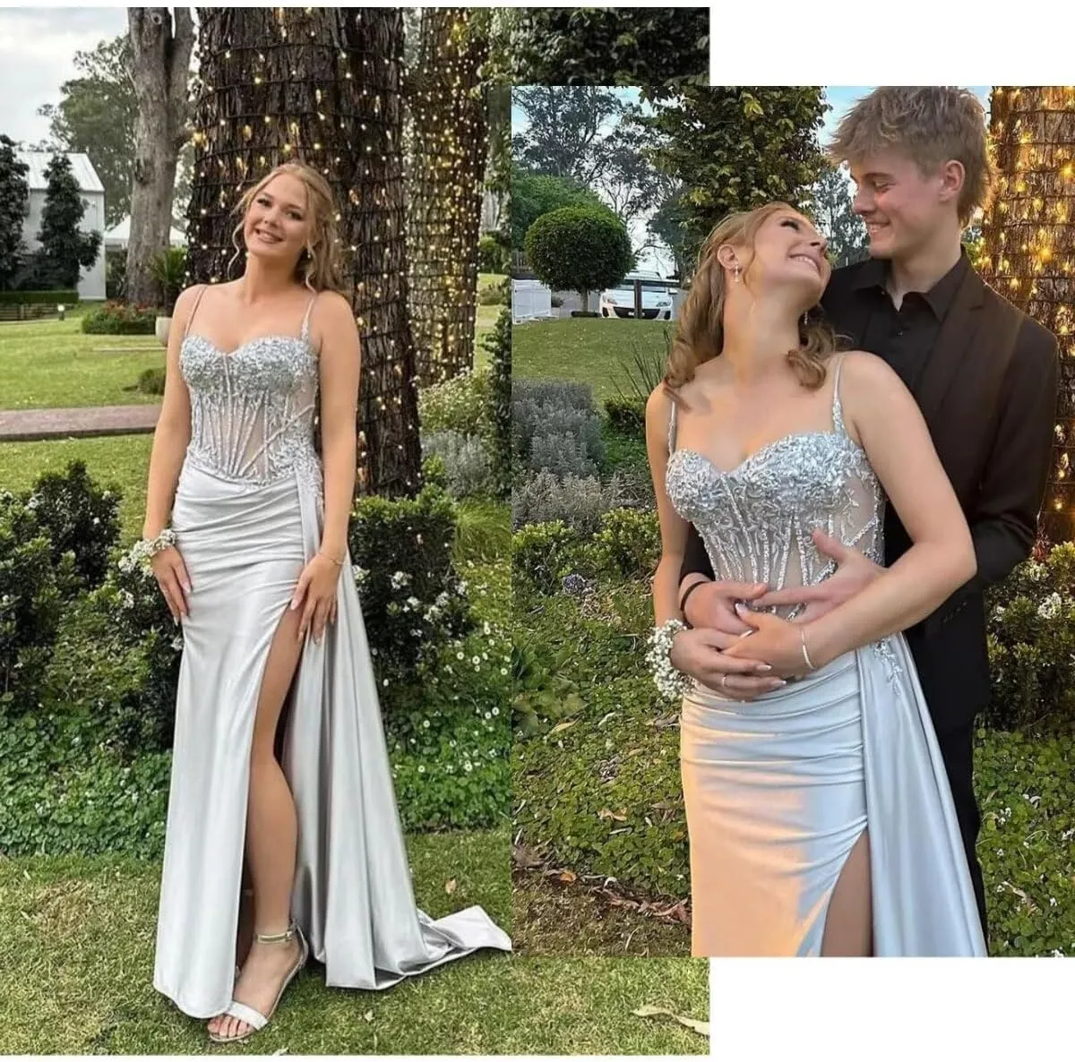 Spaghetti Straps Satin Prom Dresses Long Lace Appliques Formal Party Dress VS126