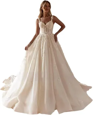 Spaghetti Straps Wedding Dresses for Bride 2025 Sweetheart Tulle A-Line Lace Applique Long Bridal Gowns with Train