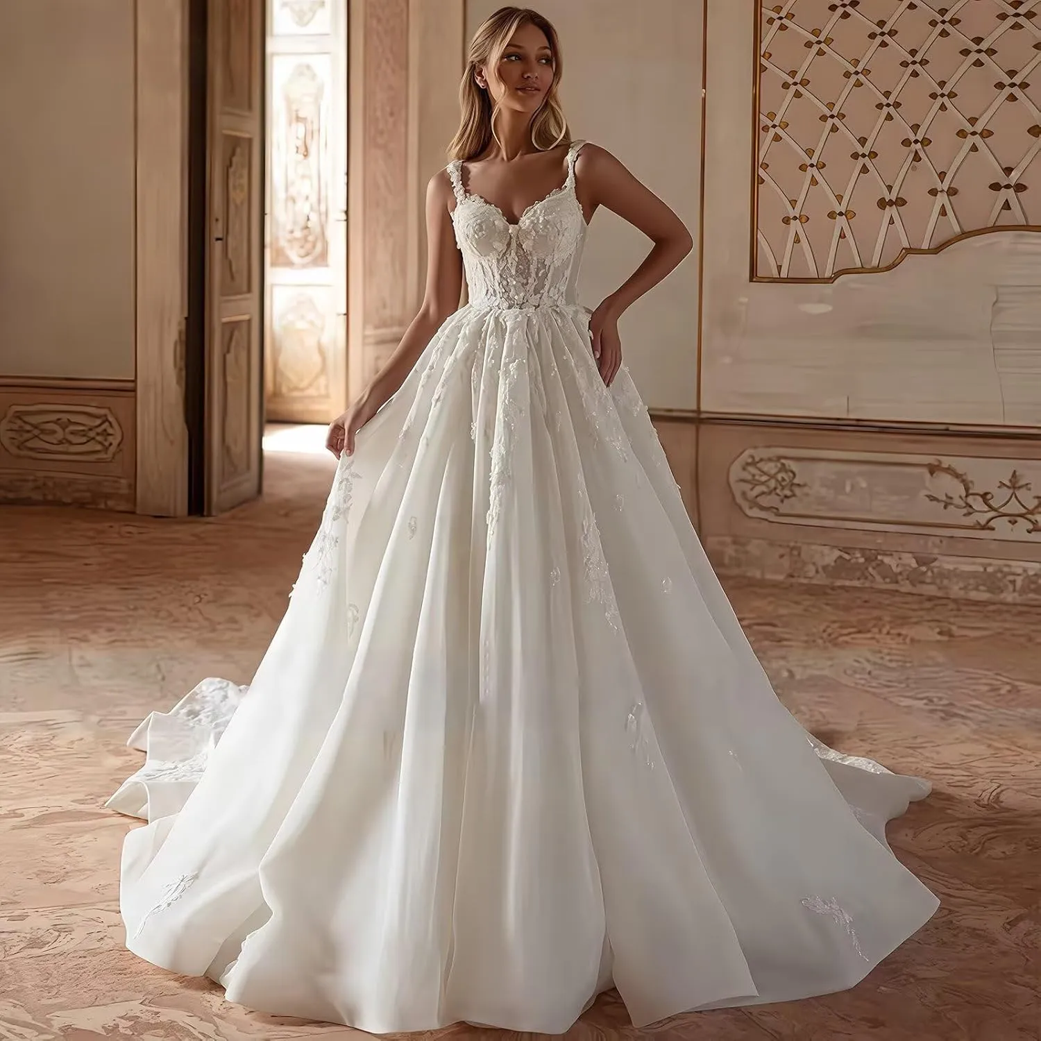 Spaghetti Straps Wedding Dresses for Bride 2025 Sweetheart Tulle A-Line Lace Applique Long Bridal Gowns with Train
