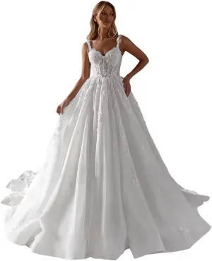 Spaghetti Straps Wedding Dresses for Bride 2025 Sweetheart Tulle A-Line Lace Applique Long Bridal Gowns with Train