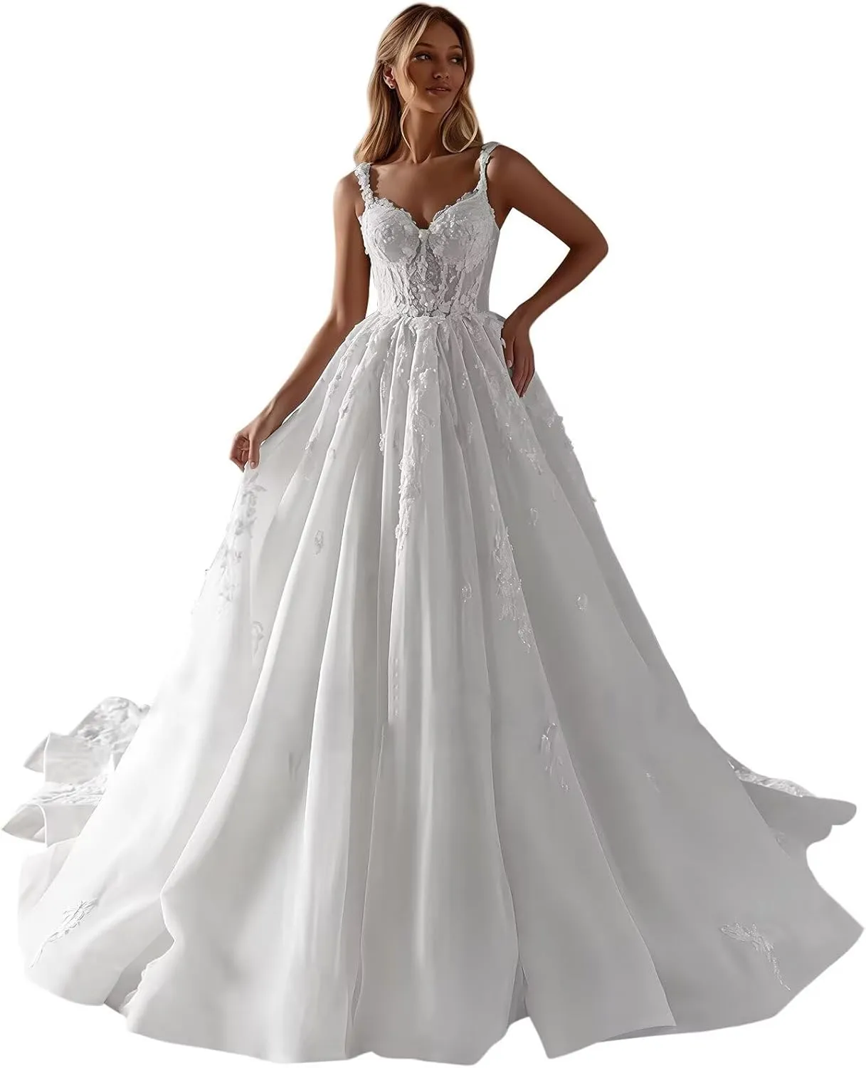 Spaghetti Straps Wedding Dresses for Bride 2025 Sweetheart Tulle A-Line Lace Applique Long Bridal Gowns with Train