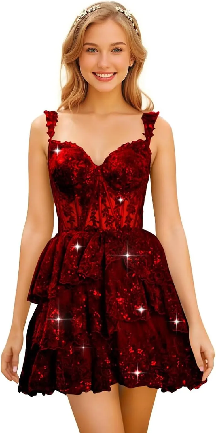 Sparkly Sequin Tiered Lace Homecoming Dresses for Teens 2025 Off Shoulder Short Tulle Formal Prom Party Gown