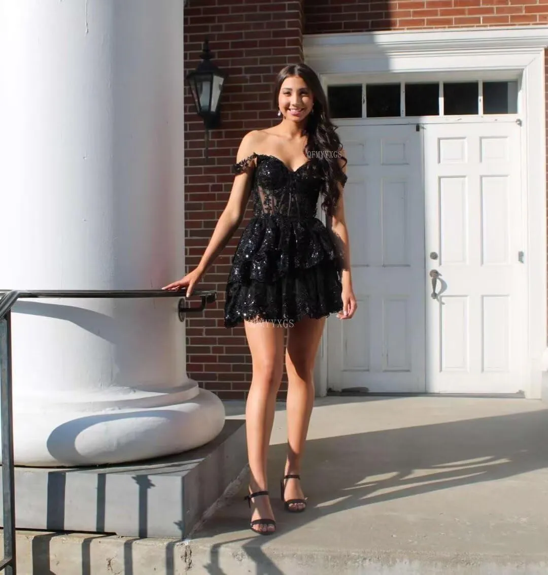 Sparkly Sequin Tiered Lace Homecoming Dresses for Teens 2025 Off Shoulder Short Tulle Formal Prom Party Gown