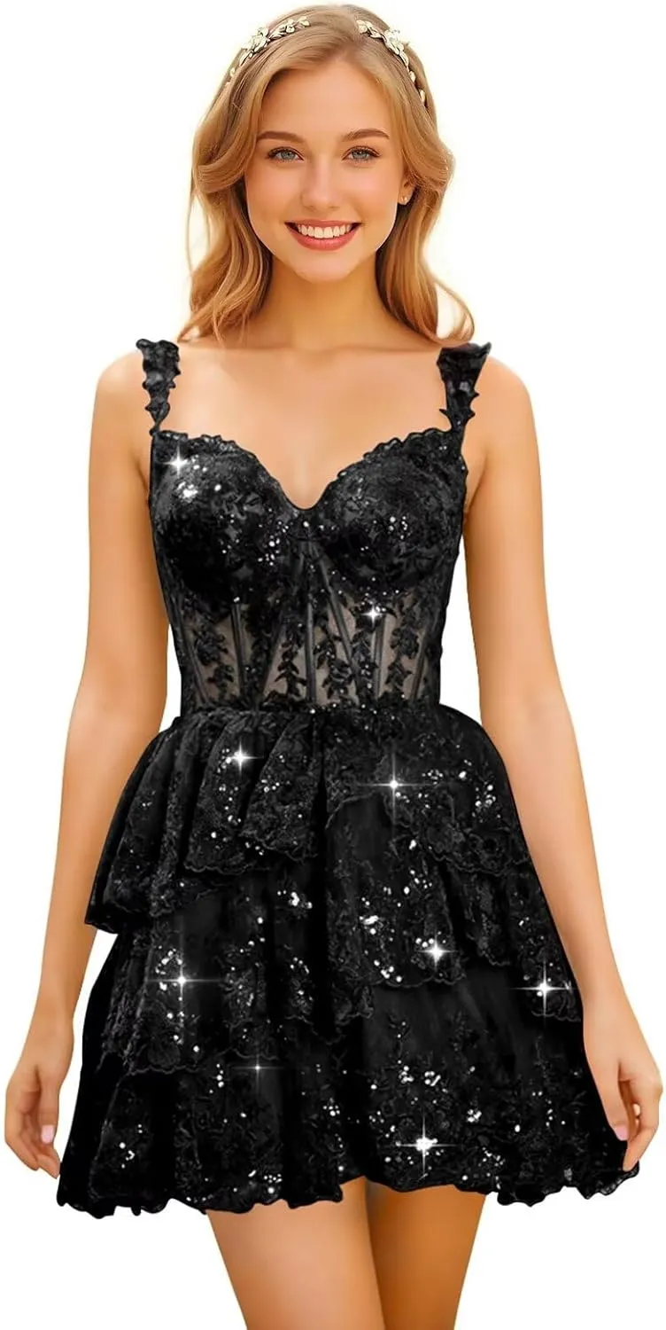 Sparkly Sequin Tiered Lace Homecoming Dresses for Teens 2025 Off Shoulder Short Tulle Formal Prom Party Gown