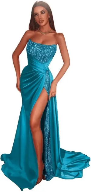 Sparkly Sequins Prom Dresses 2025 Mermaid Bridesmaid Dress with Slit Tube Satin Evening Formal Gown with Train DR0080