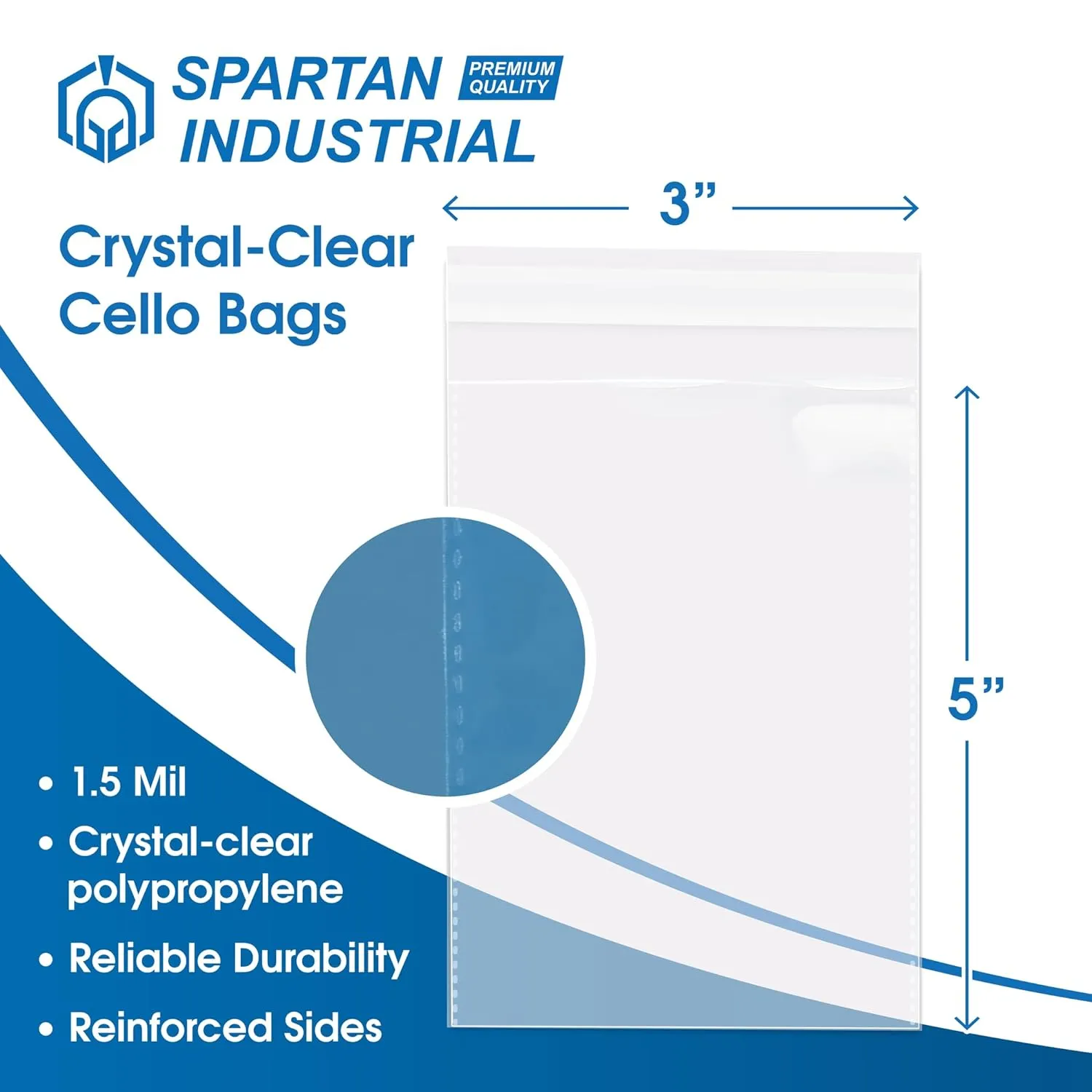 Spartan Industrial - 3" X 5" (1000 Count) Crystal Clear Resealable Cello Poly Bags for Soap Packaging, Bracelet Bags, Wedding Favors - Self Seal & Reinforced